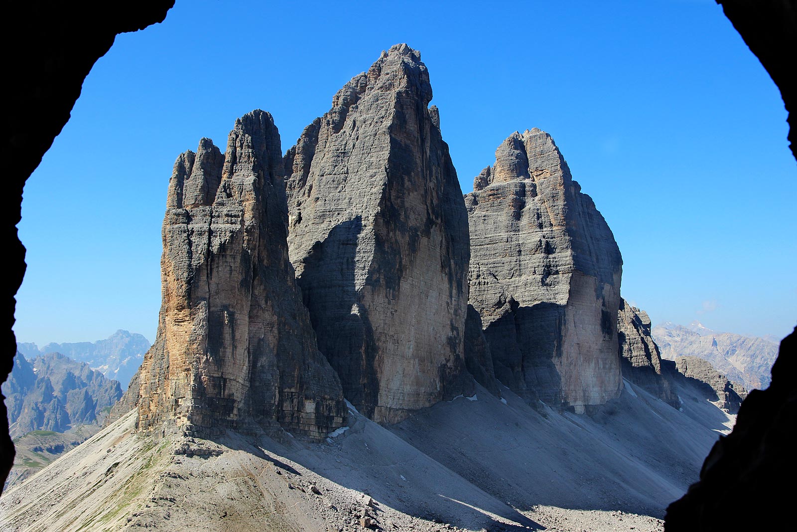 Huge dolomite (dolostone) cliffs of Tre Cime di Lavaredo, Dolomites, Italy