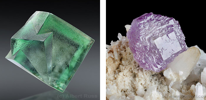 Various crystal shapes of fluorite with typical twinning and skeletal growth