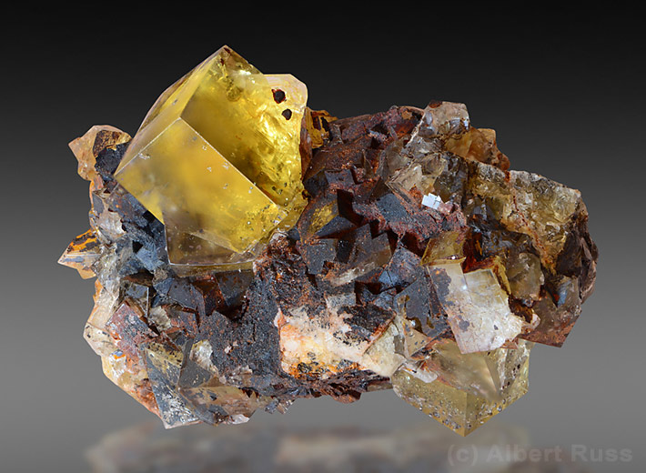 Cluster of yellow fluorite cubes from Hilton Mine, UK