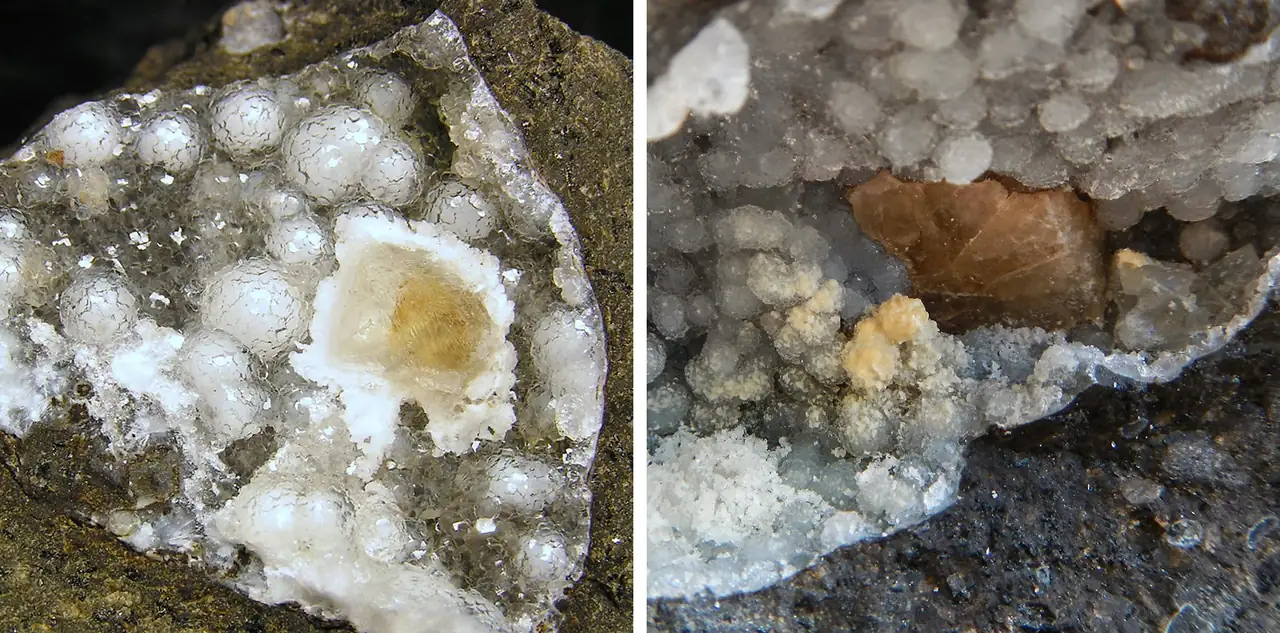 Calcite crystals sitting on thomsonite crystal balls