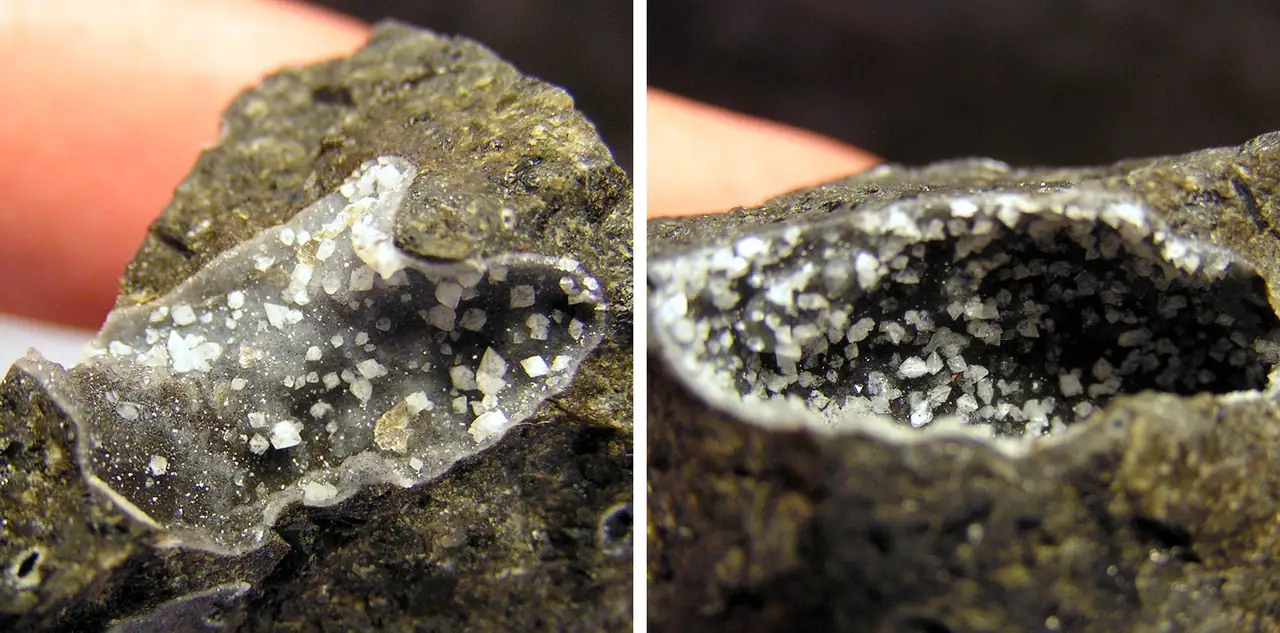 Volcanic vesicles with tiny white gismondine crystals up to 1 mm