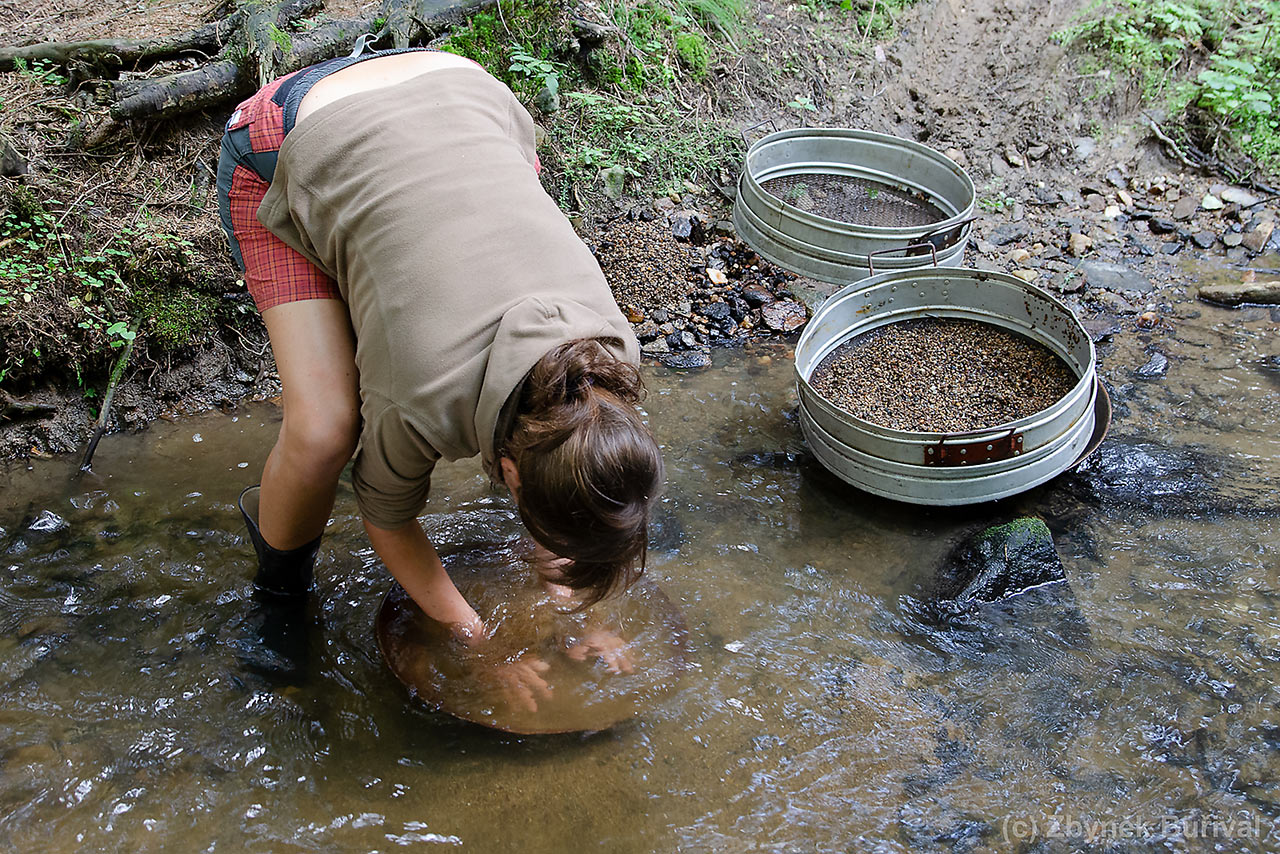 Young lady gold panning in the small creek