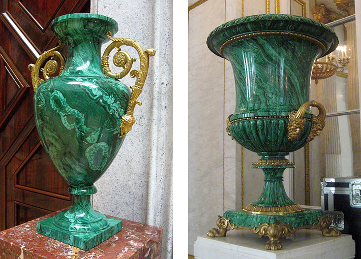 Huge neoclassical malachite vases displayed in the Hermitage Museum, Saint Petersburg