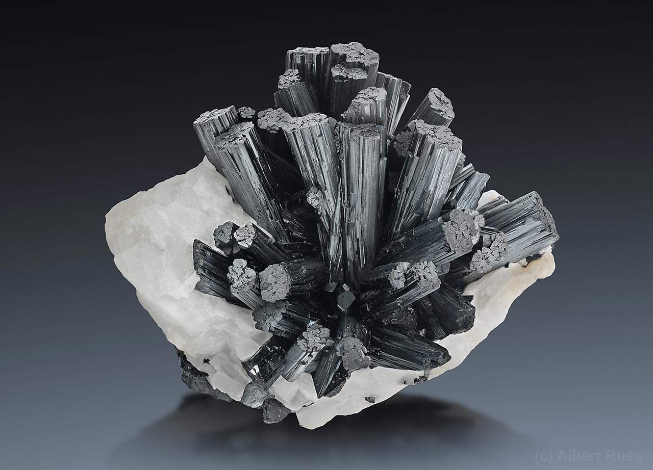 Dark manganite crystals on white baryte matrix from Ilfeld, Germany