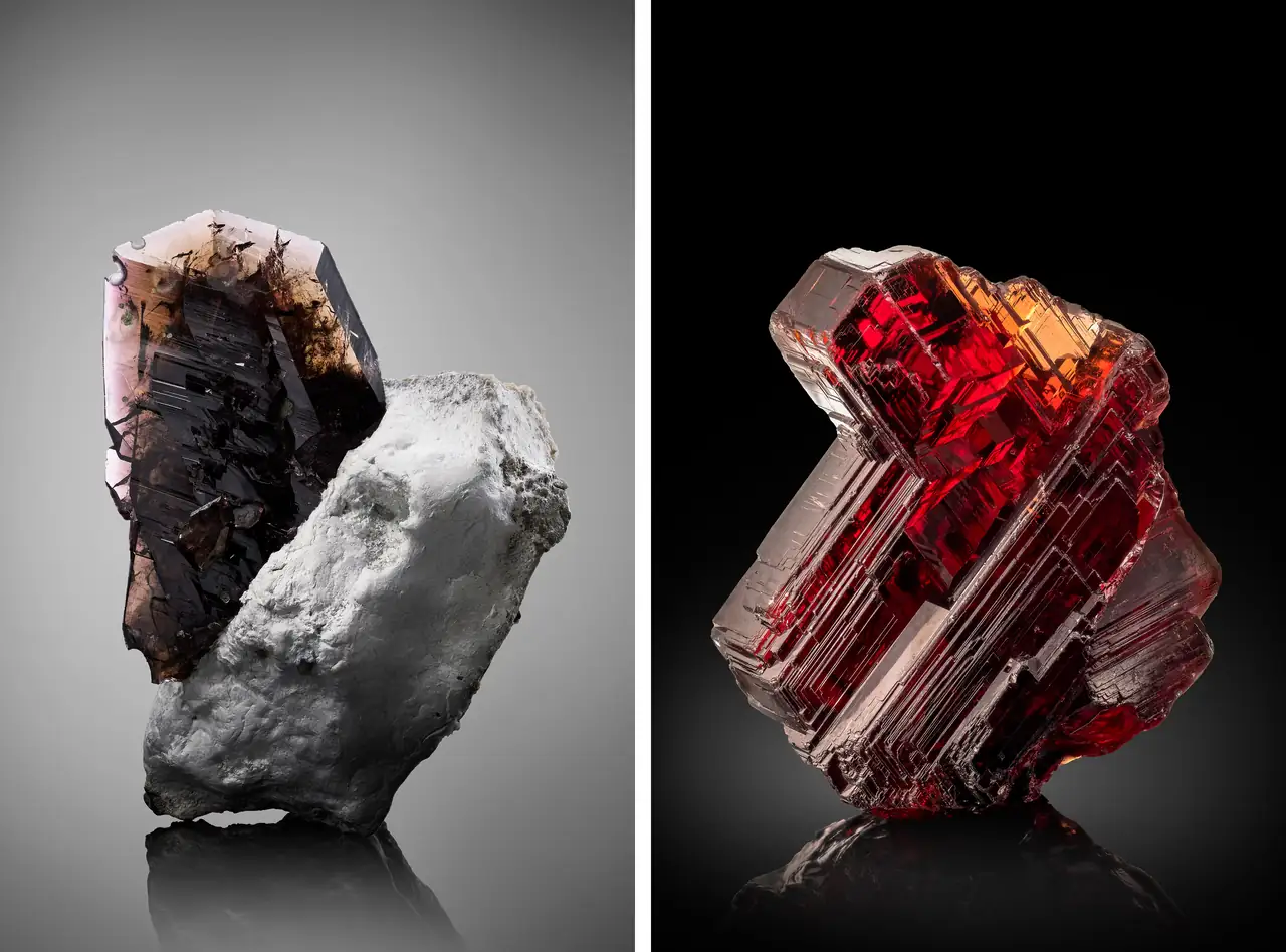 Axinite and spessartine crystals