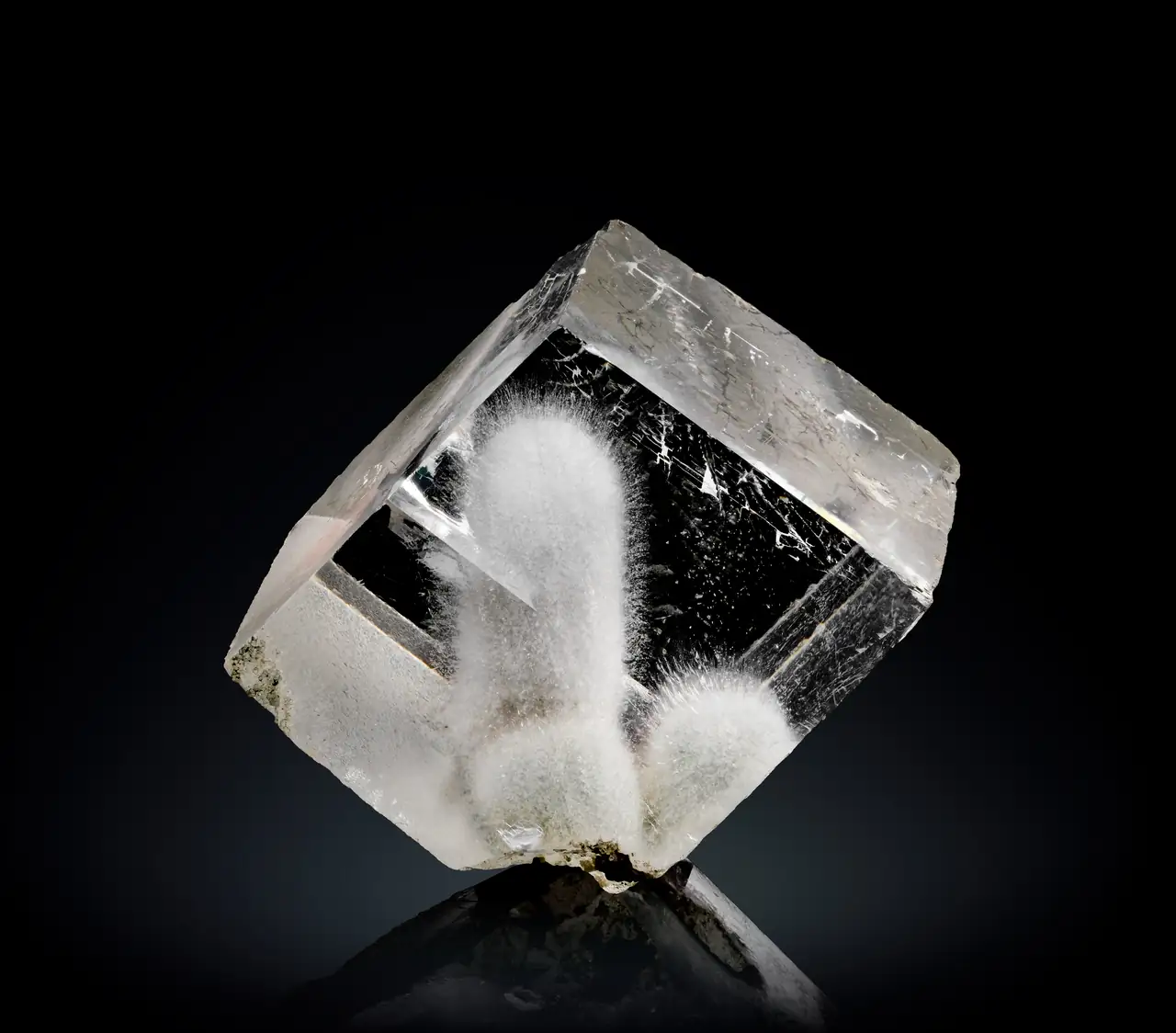 Unspecified zeolite needles inside clear calcite crystal from India