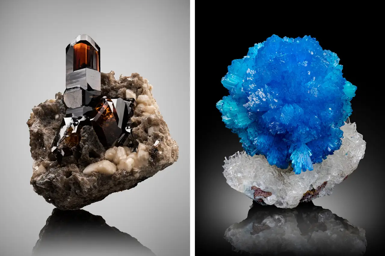 Cassiterite and cavansite crystals