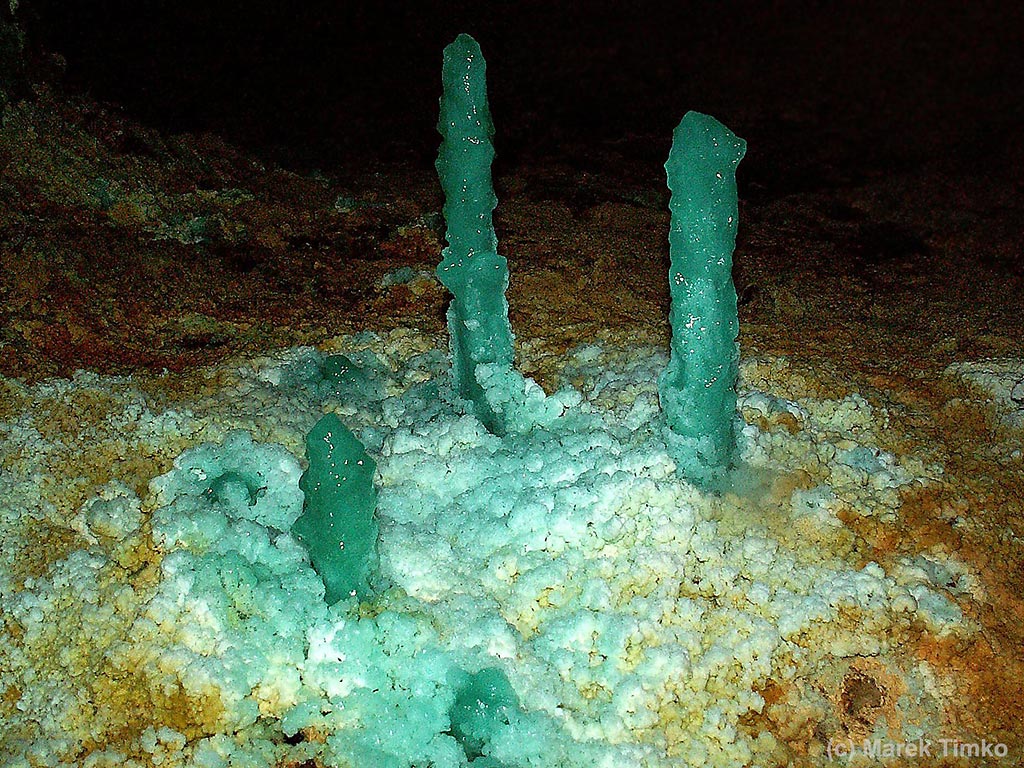 Fresh melanterite stalagmites in the abandoned underground mine in Baiut, Romania
