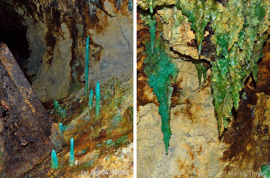 Fresh to slightly decomposed melanterite stalactites and stalagmites in the abandoned mines in Baiut, Romania