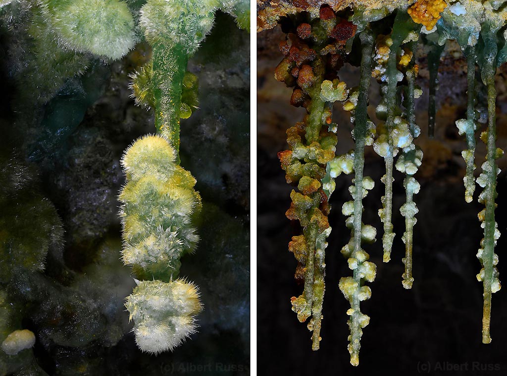 Melanterite stalactites and tiny crystal sprays in the underground mine in Hodruša, Slovakia