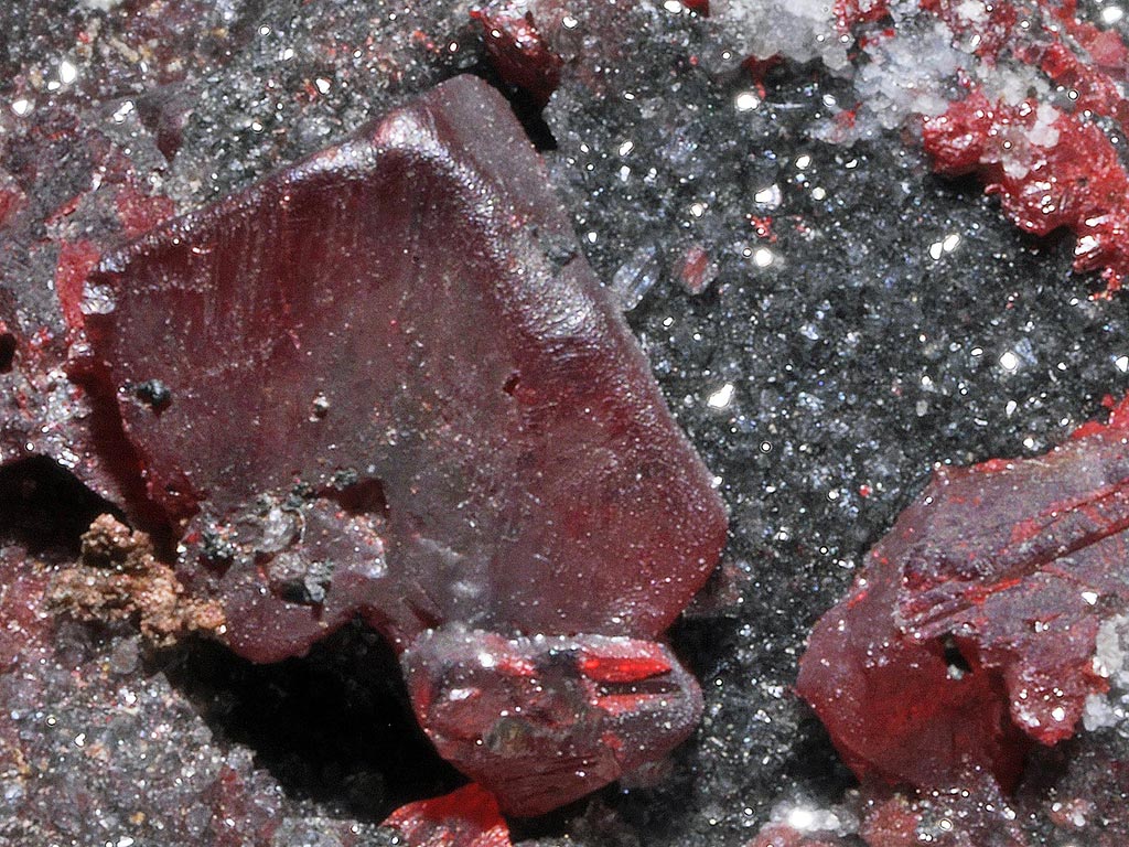 Red cinnabar crystals associated with elemental mercury globules from Almadén, Spain