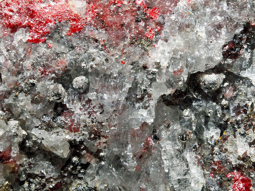 Native mercury globules with red cinnabar from New Idria Mine, California, USA