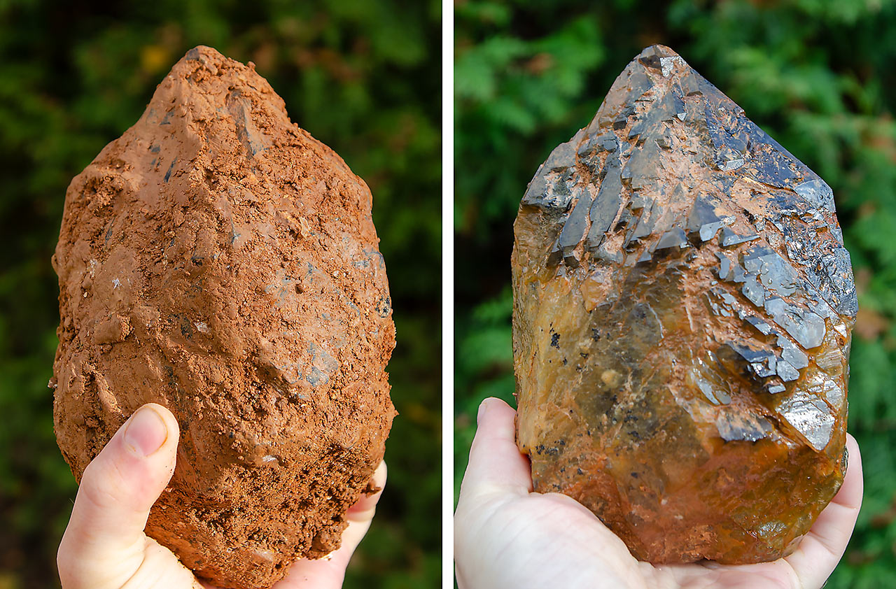Smoky quartz crystal before and after cleaning with water