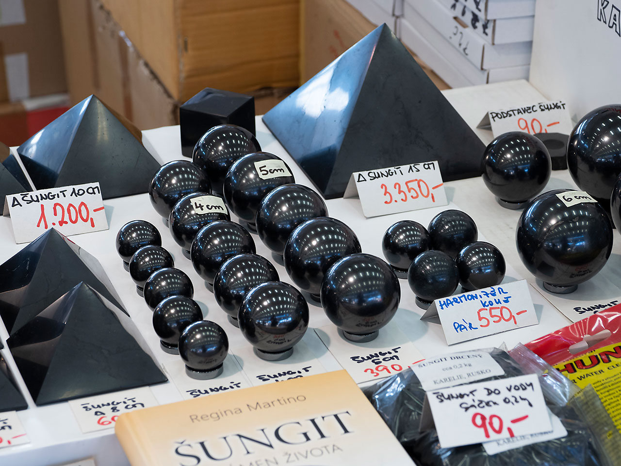 Shop with various shungite pyramids, balls and crushed shugite