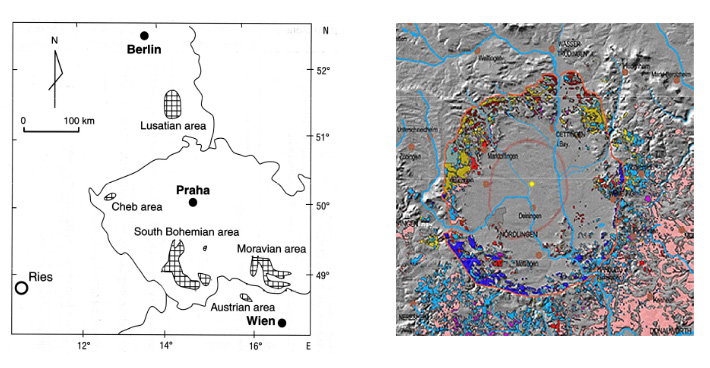 Map displaying areas with moldavite occurence and geology map of Ries crater in Germany