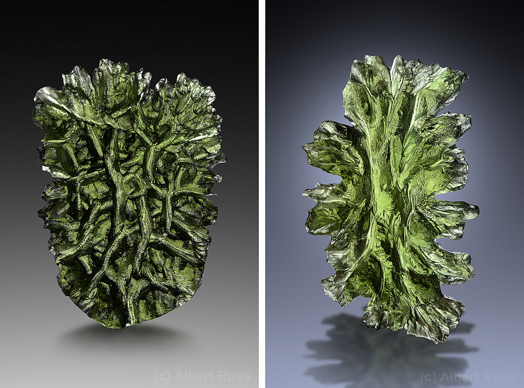 Classic heavily sculpted moldavites from South Bohemia, Czech Republic