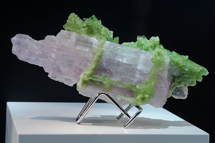 Pink kunzite (spodumene) crystal with green elbaite from Afghanistan
