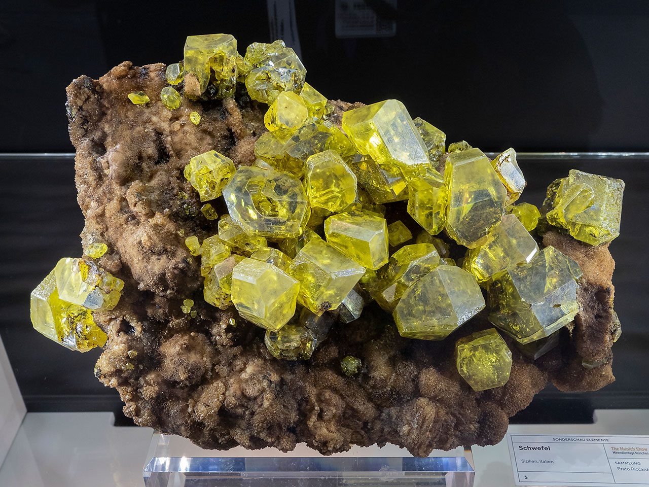 Big cluster of yellow native sulfur crystals from Sicily, Italy