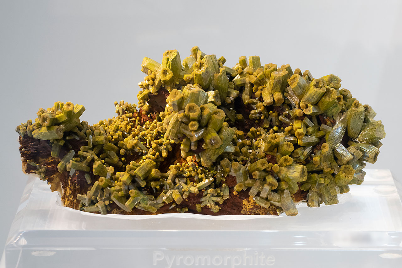 Pyromorphite crystals with red tint from Les Farges Mine, France