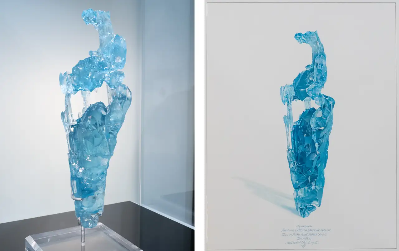 Mineral specimen and Eberhard Equit painting of etched aquamarine from Pedra Azul, Minas Gerais, Brazil.