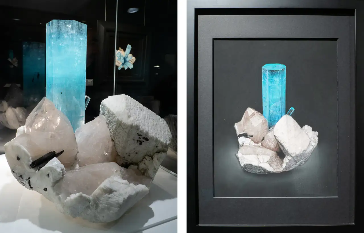 Mineral specimen and Rebecca Johnston painting of huge cluster of aquamarine, K-feldspar and quartz from Pakistan