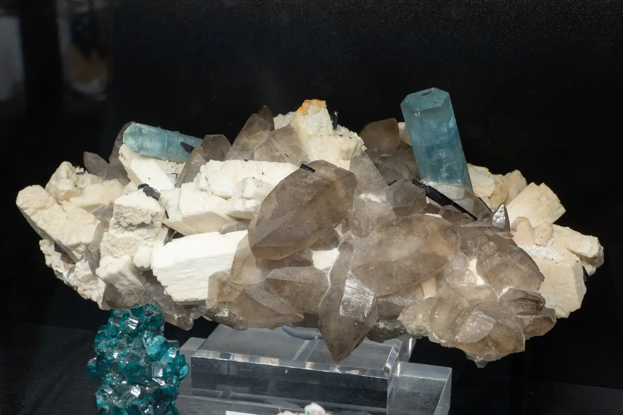 Big cluster of feldspars, smoky quartz, aquamarine and schorl from Erongo, Namibia.