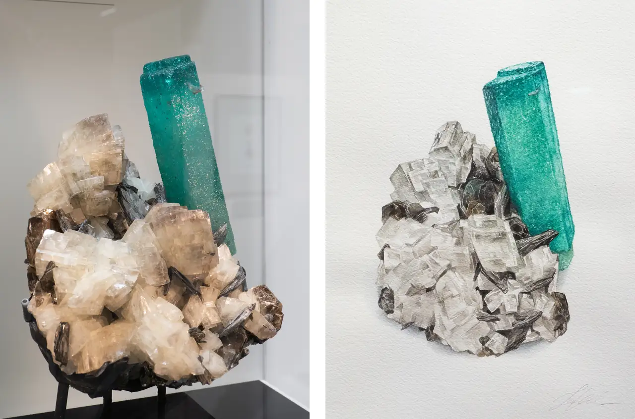 Mineral specimen and Tama Higuchi-Roos painting of gemmy emerald from Rist Mine, North Carolina, USA.