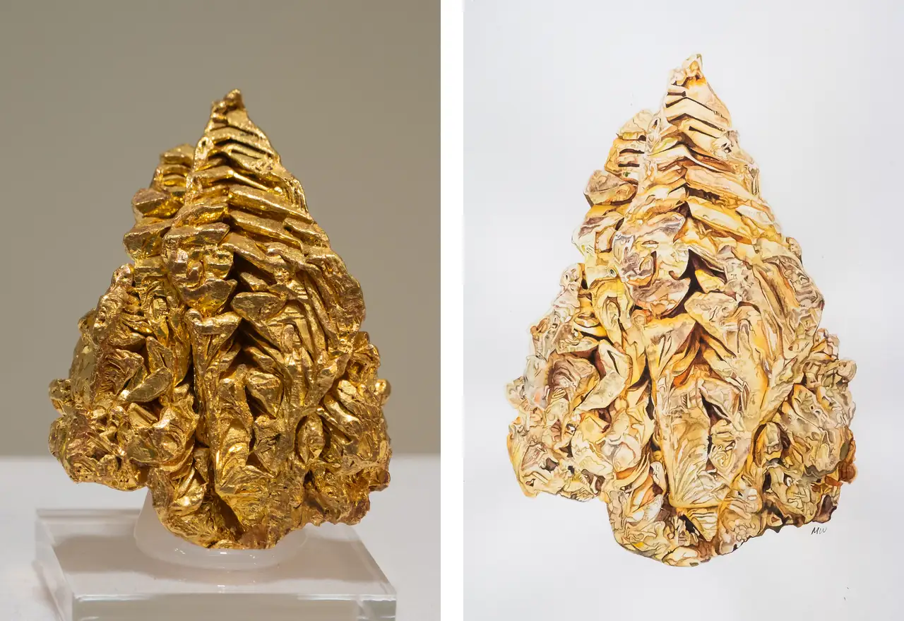 Mineral specimen and Maren Westfall painting of native gold nicknamed Christmas Tree from Grit Mine, California, USA.