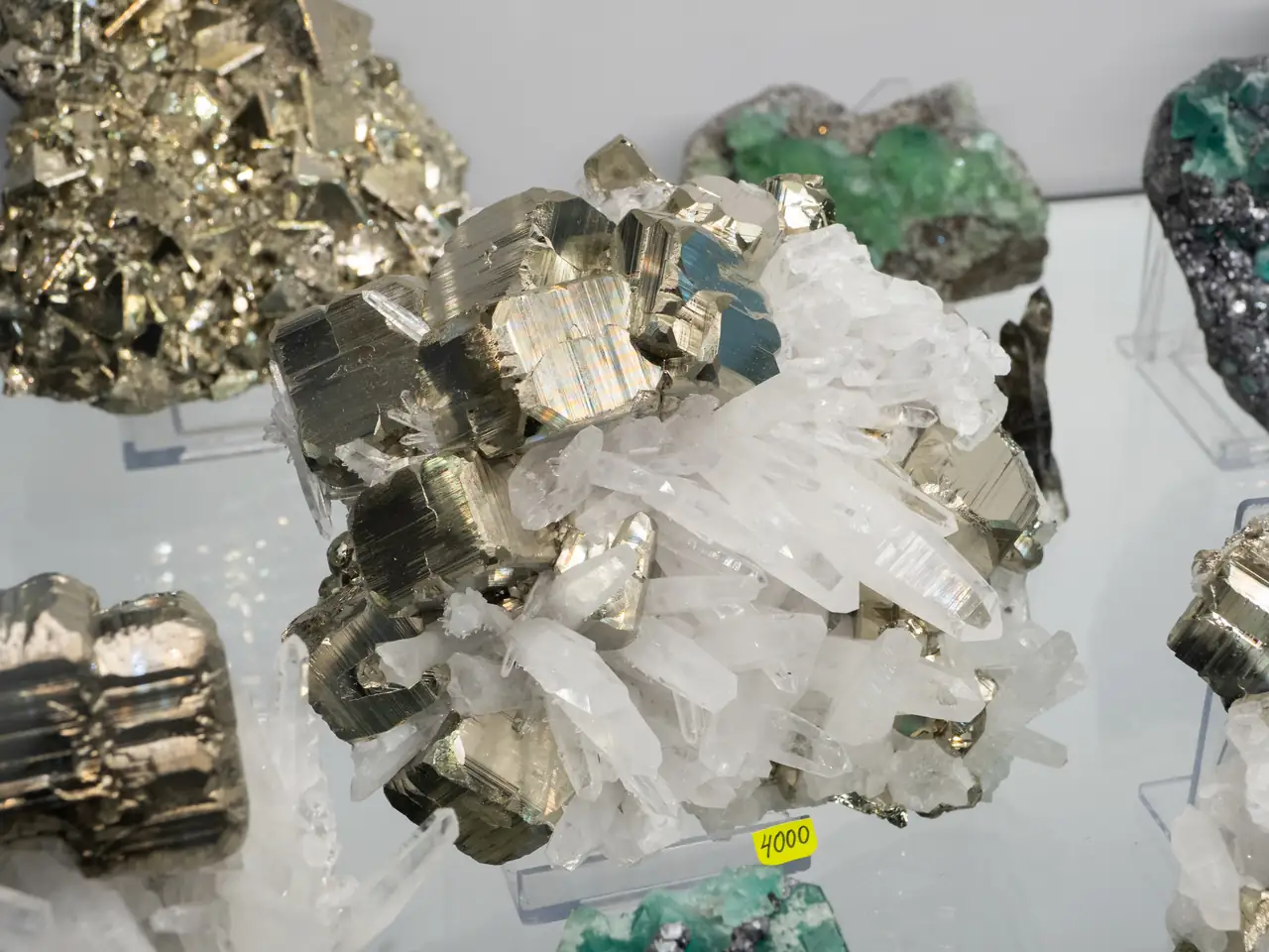 Complex pyrite cubes with quartz crystals from Huanzala, Peru. 