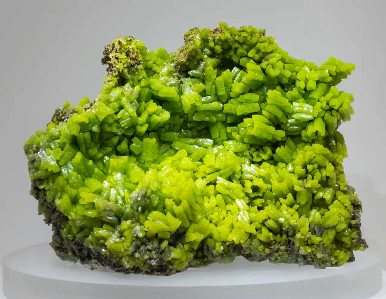 Classic bright green pyromorphite specimen from Daoping Mine, Guilin Prefecture, China.
