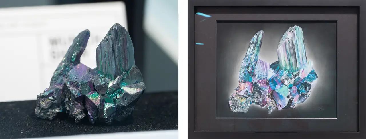 Mineral specimen and Rebecca Johnston painting of irridescent stephanite from Husky Mine, Yukon, Canada