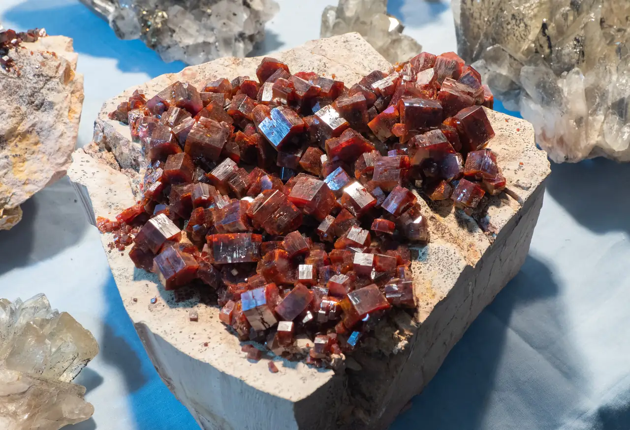 Large cluster of big vanadinite crystals from Mibladen, Morocco