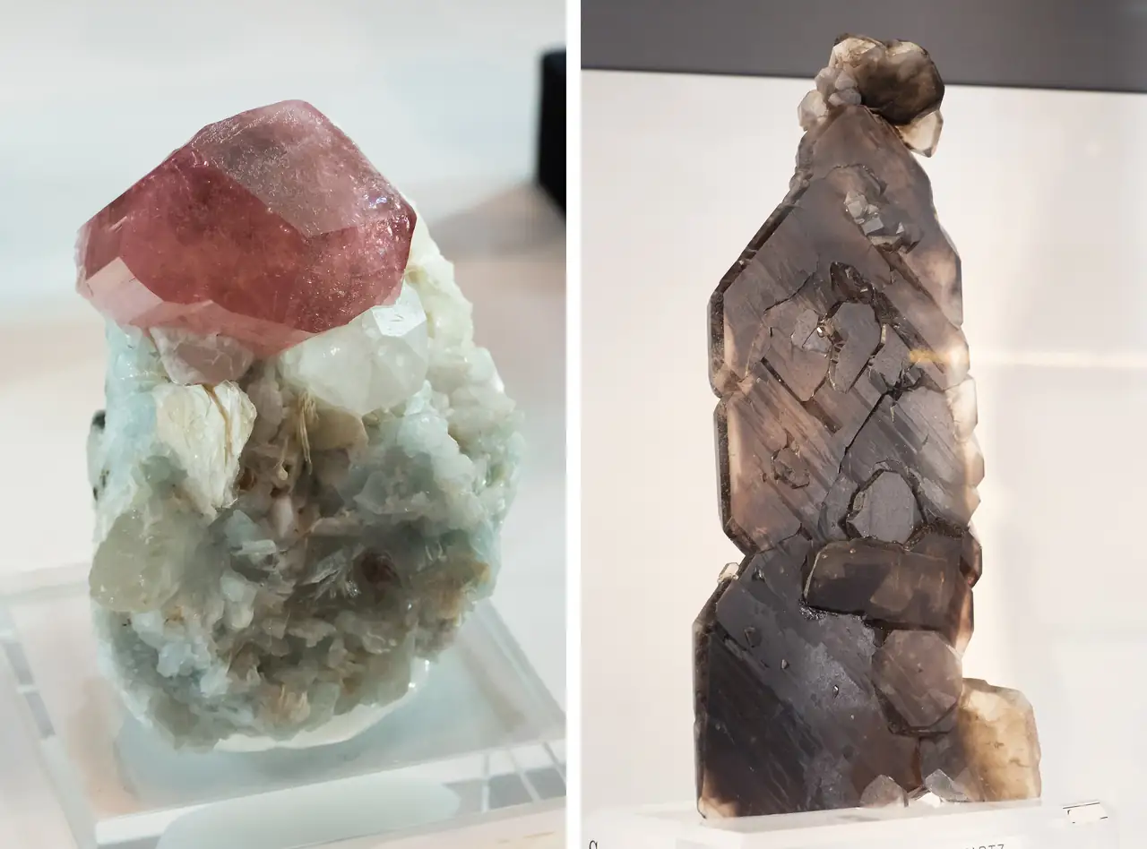 Rubellite tourmaline and smoky quartz crystals