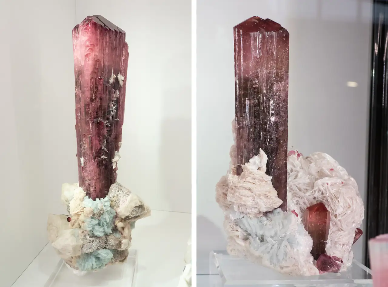 Large rubellite crystals on albite and quartz matrix from Malkhan, Russia