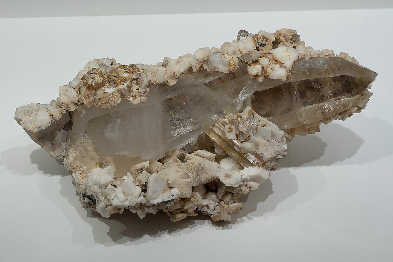 Smoky quartz with calcite and pericline from the Rauriser Tal, Hohe Tauern, Austria