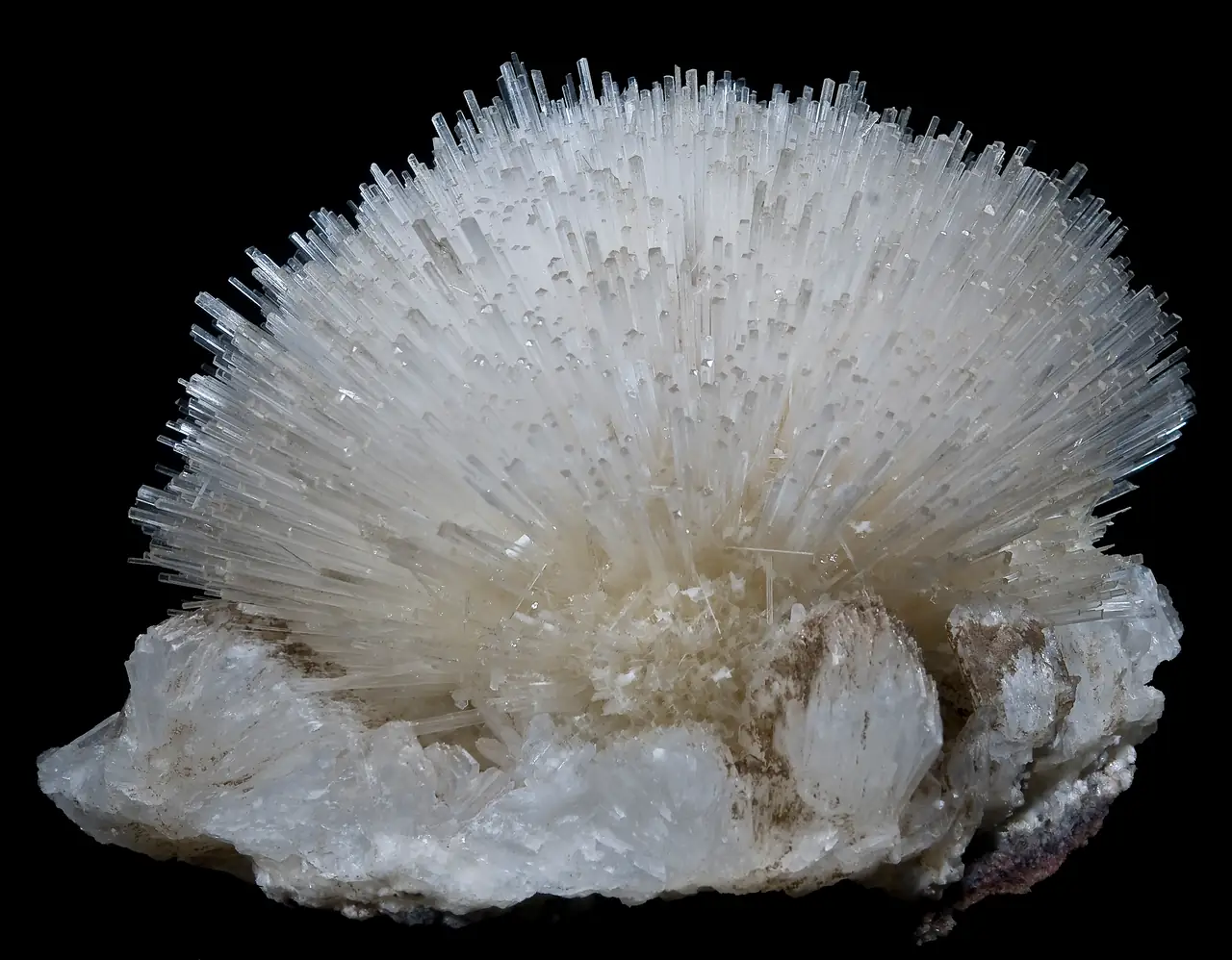 Large white spray of acicular natrolite crystals from Nasik District, Maharashtra, India