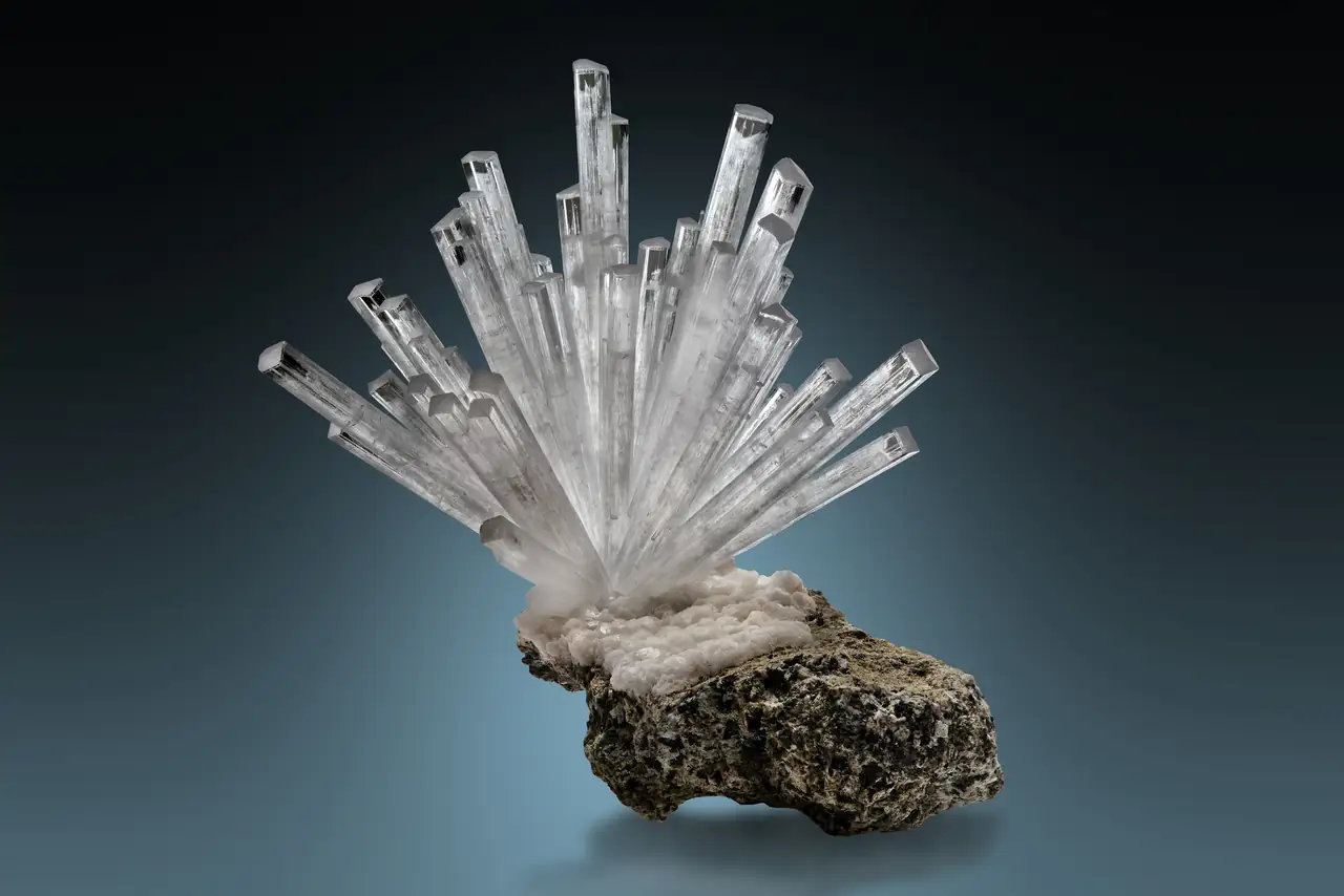 Excellent clear natrolite crystals on matrix from Tirrhist, Morocco