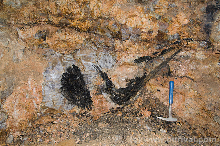 Blocky zone of pegmatite with big grains of quartz, schorl and K-feldspars