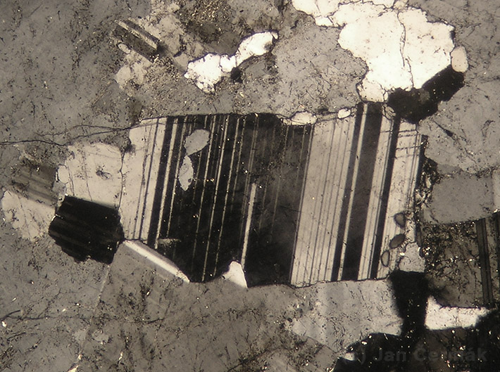 Thin section microphoto of polysynthetic twinning of plagioclase crystals