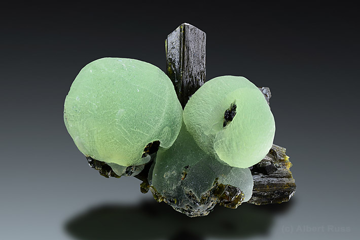 Perfect pale green prehnite balls sitting on the epidote crystal from Kayes region in Mali