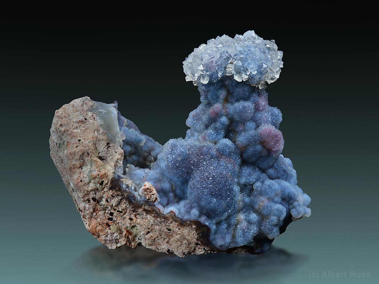 Clear quartz crystals growing on blue chalcedony from Hliník nad Hronom, Slovakia