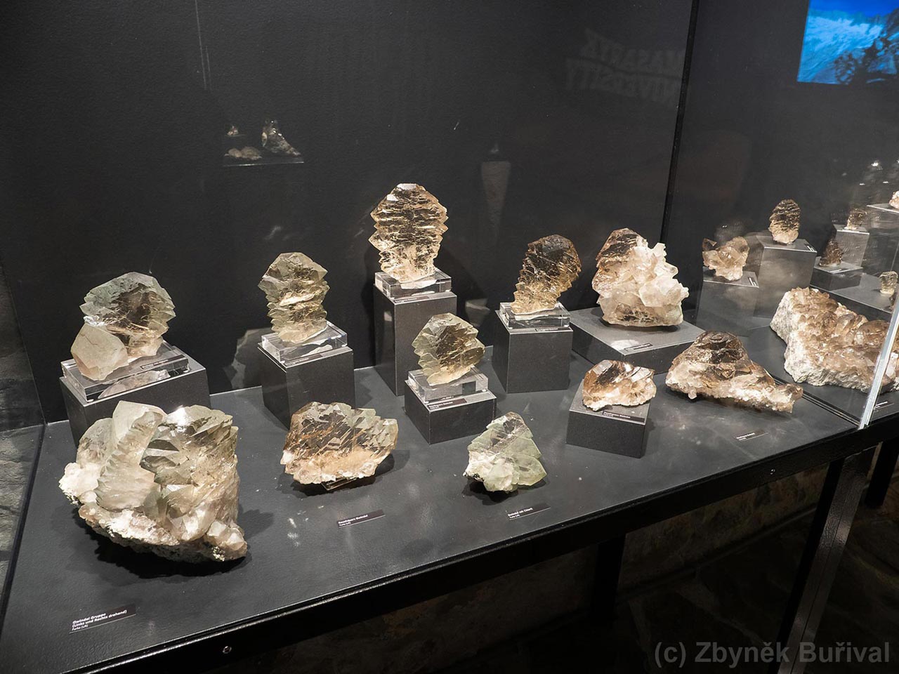 Display full of big gwindel quartz specimens from Switzerland.