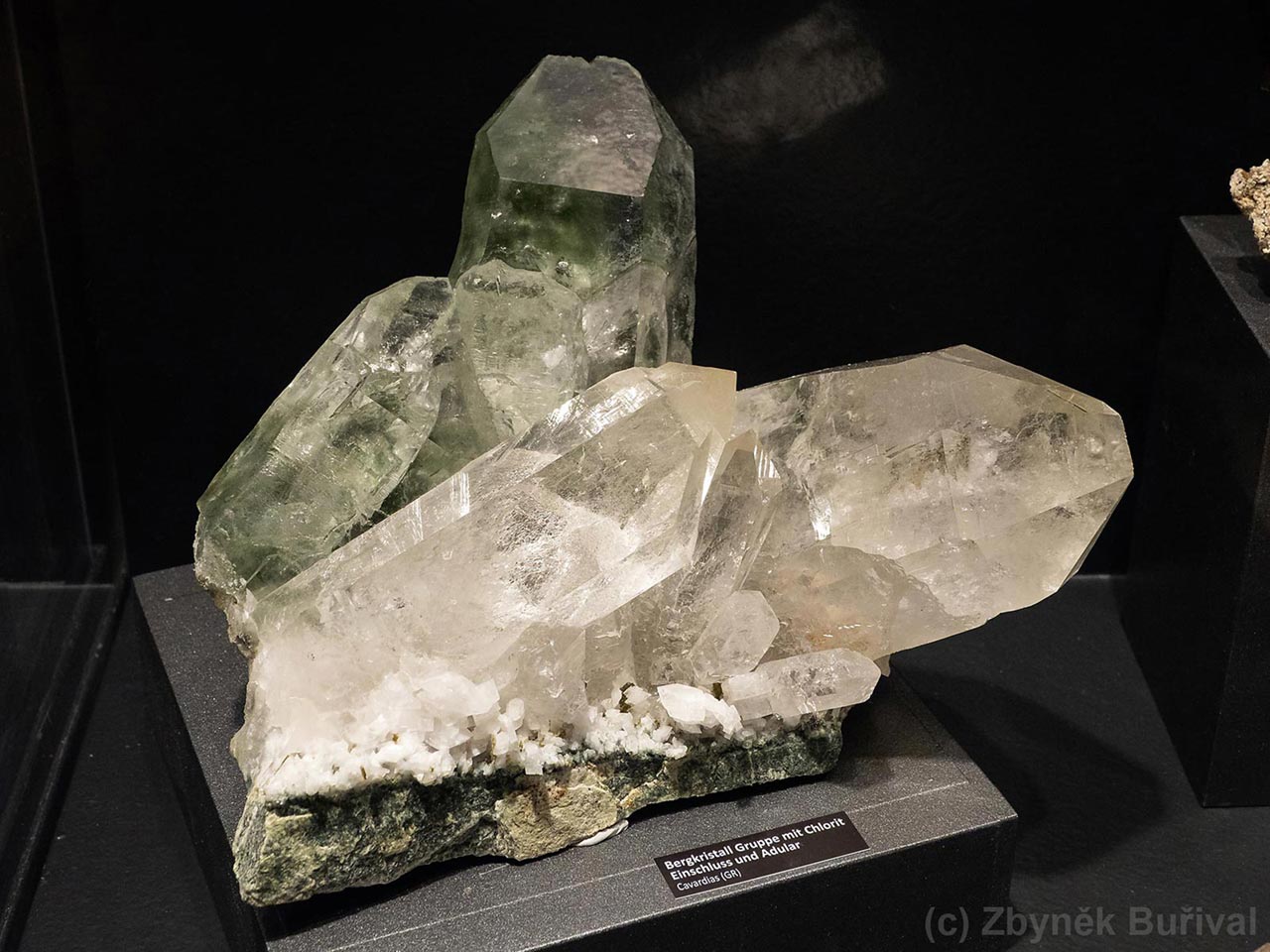 clear quartz crystals with minor chlorite and adularia from Cavardias, Switzerland