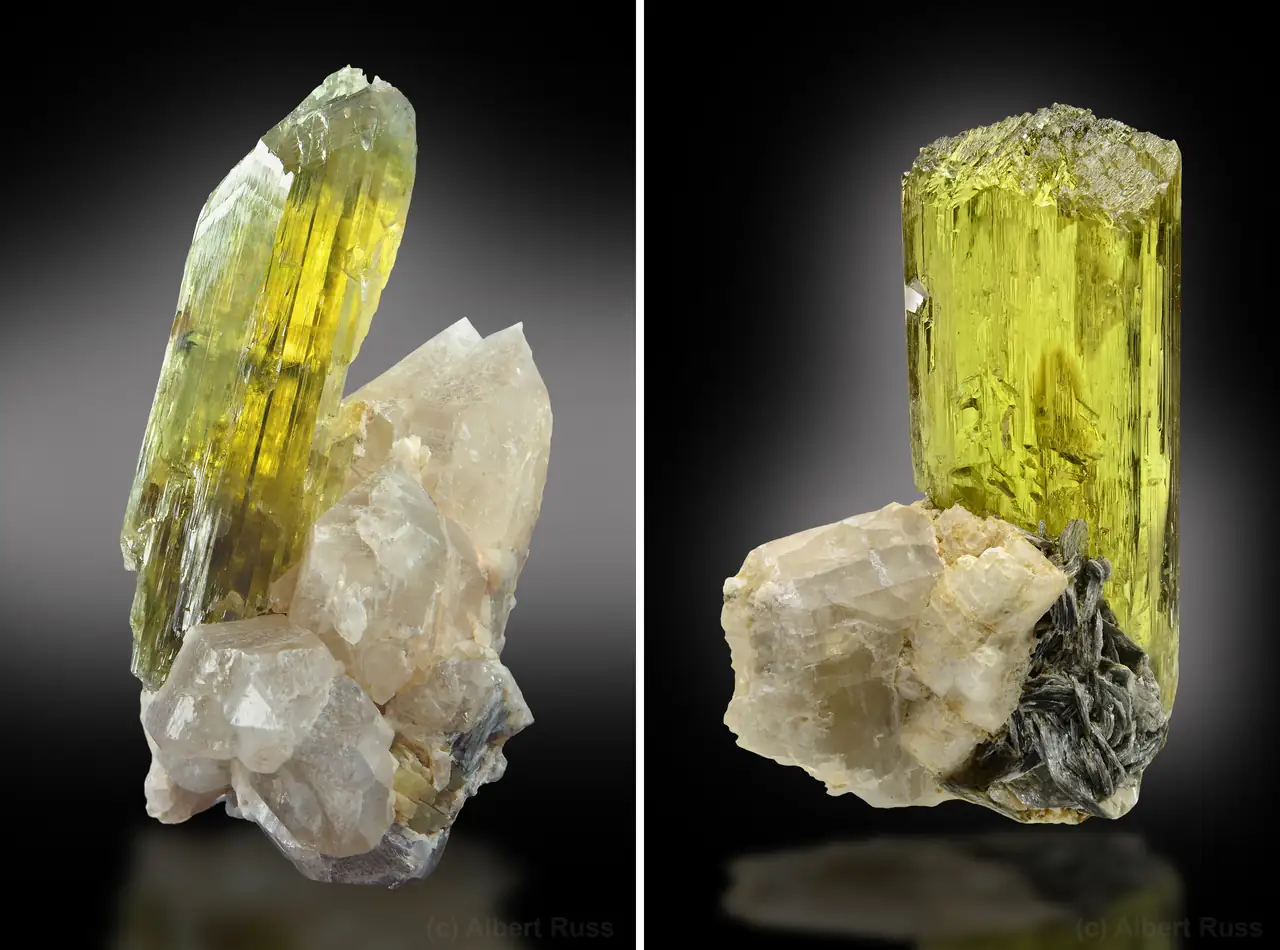 Slightly etched crystals of yellow spodumene (var. triphane) with quartz from Afghanistan