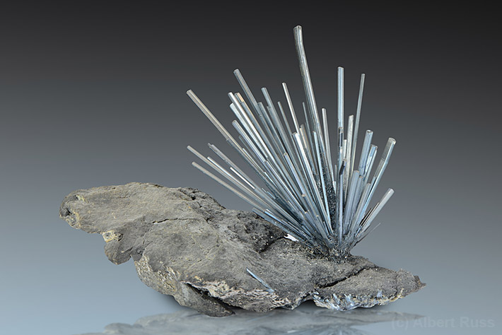 Spray of stibnite crystals on matrix from China