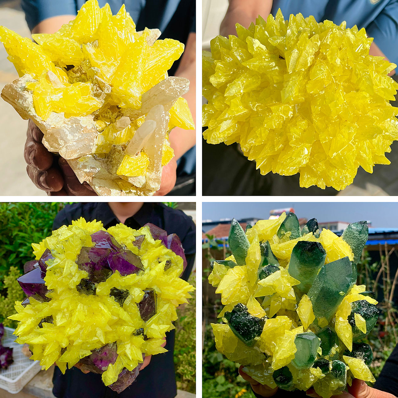 Selection of fake synthetic sulphur crystal clusters