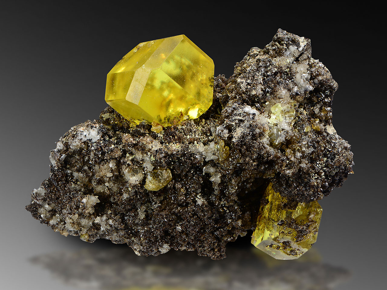 Complex and gemmy sulphur crystal on matrix from Sicily, Italy