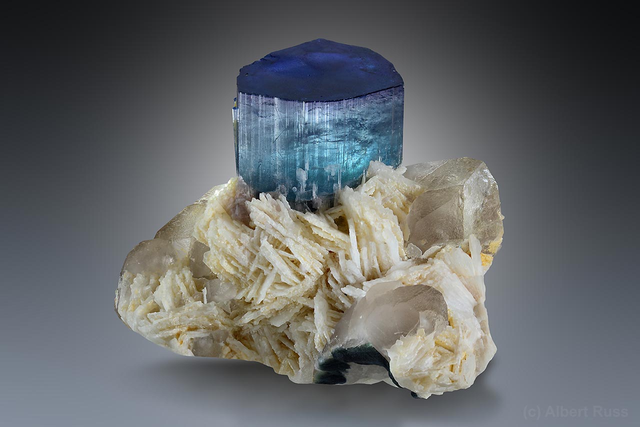 Bright blue indicolite tourmaline on white cleavelandite and quartz from Mawi pegmatite, Nuristan, Afghanistan.