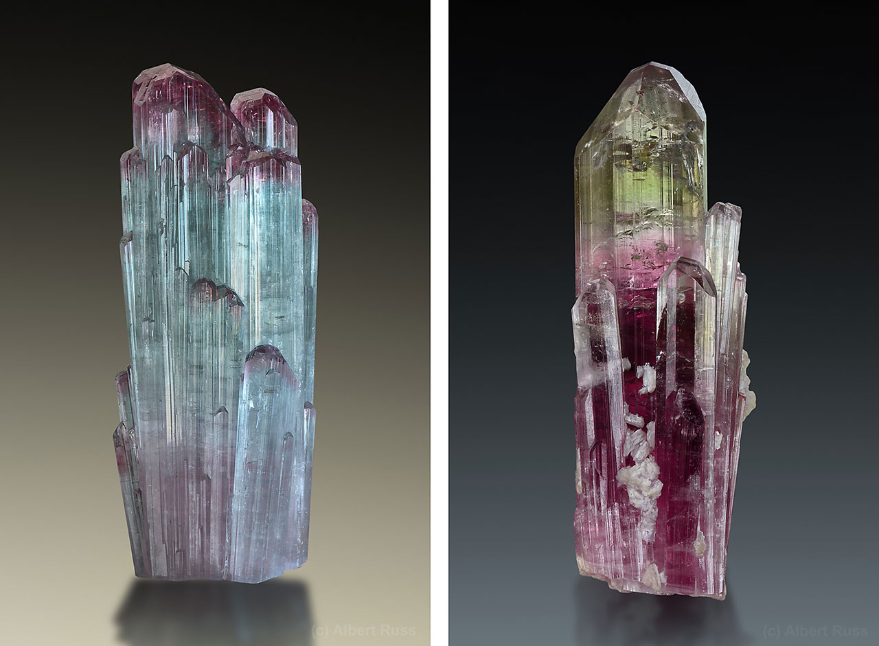 Paralel growth of zoned colorful lithium tourmaline crystals from Laghman Province, Nuristan, Afghanistan.