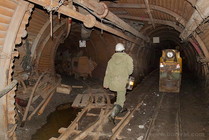 Uranium mine Rožná adits with steel protection and mine trains